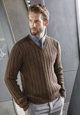 BRUN SWEATER MED BRED RIB Cool Wool Big Melange fra Lana Grossa