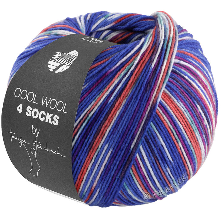 Lana Grossa COOL WOOL 4 SOCKS PRINT III | 7202-koboltblå/fictile rød - lerrød/hvid/jade/mørk fuchsia/lys blå