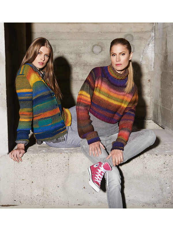 Lana Grossa Kort sweater med sadelskuldre i glat vrang Cinque Multi