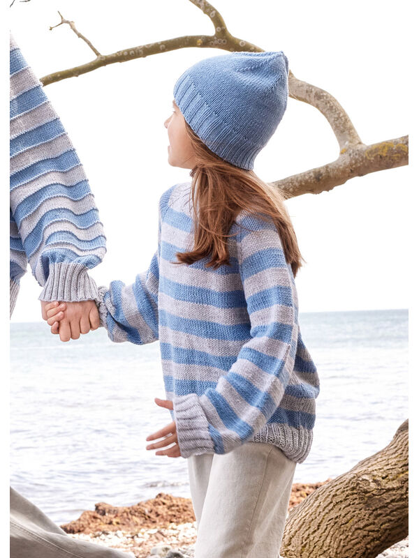 Lana Grossa TOP-DOWN PULLOVER MED STRIPER FOR BØRN Cool Wool Big Mélange